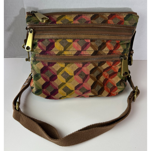 FOSSIL Diamond Tapestry Zip Crossbody Shoulder Bag Geo Hippie Boho Festival - Picture 13 of 14